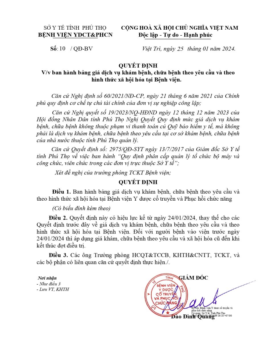 Về việc ban hành Bảng giá khám bệnh, chữa bệnh tại Bệnh viện Y dược cổ truyền và Phục hồi chức năng tỉnh Phú Thọ